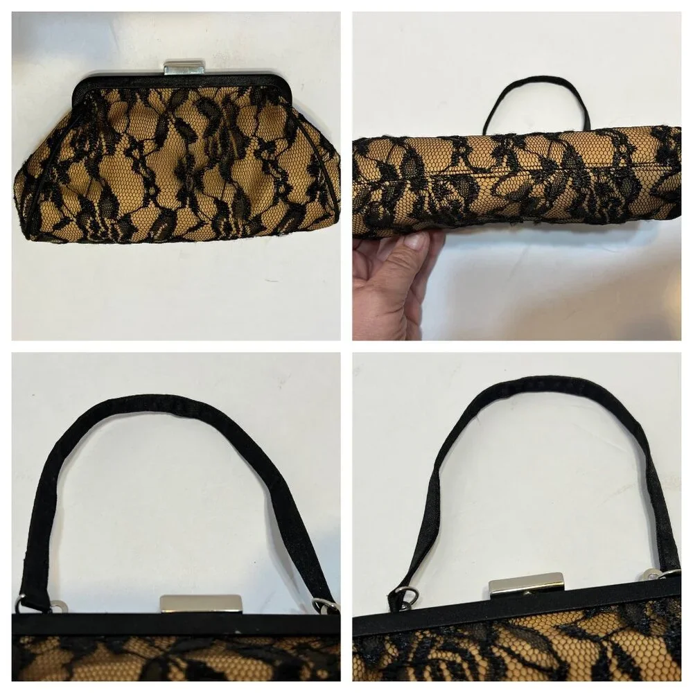 VTG Black Lace Overlay Gold Evening Clutch Handbag Elegant Metallic Kiss Clasp - Picture 9 of 16